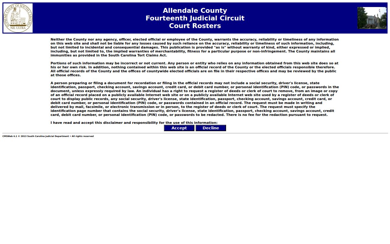 Allendale County court roster search page for warrant case routing