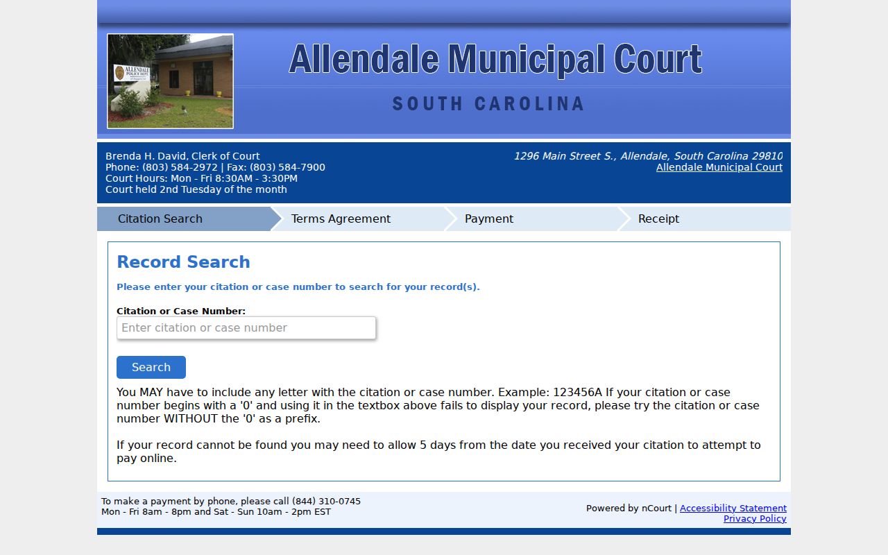 Allendale Municipal Court nCourt citation search for Allendale County traffic warrant records