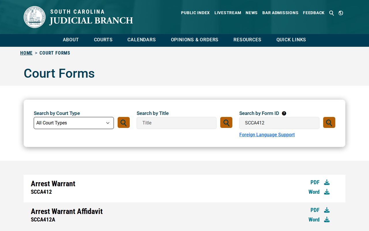 South Carolina Family Court arrest warrant form listing for separate Allendale support matters
