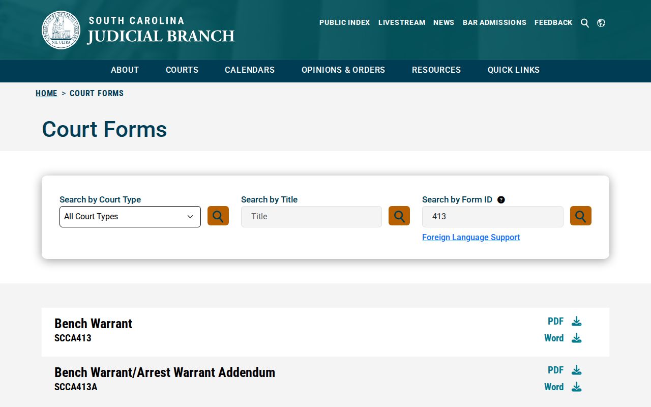 South Carolina court form library for Allendale County bench warrant process