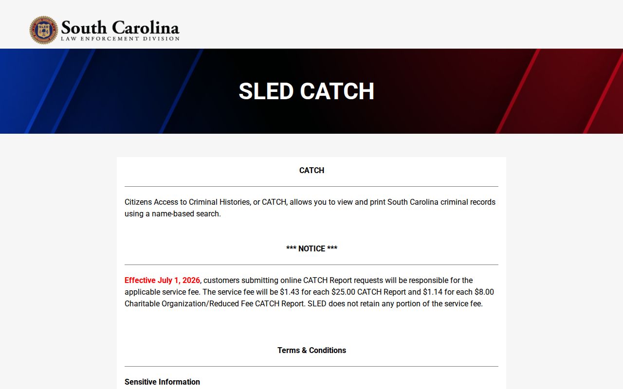 SLED CATCH criminal history search page, which excludes wanted-person information