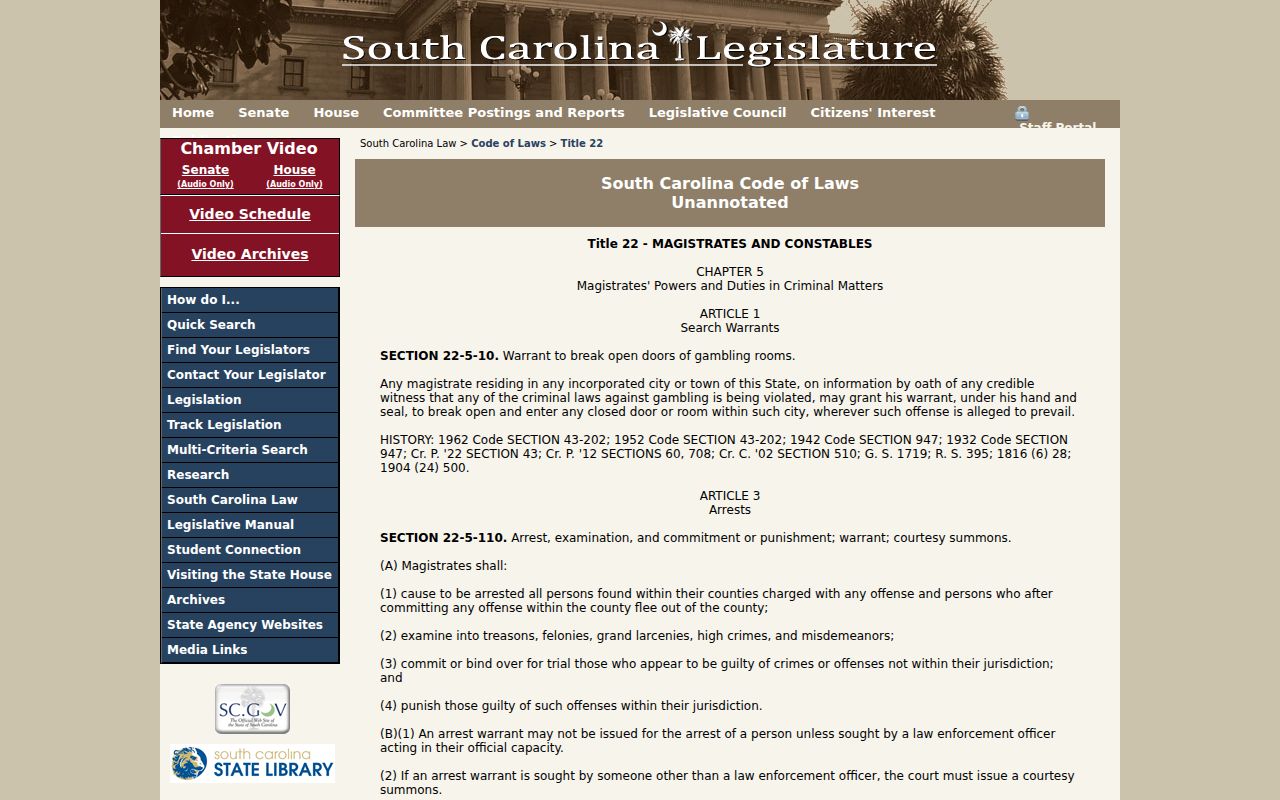 South Carolina Title 22 court process law relevant to Allendale County bench warrants