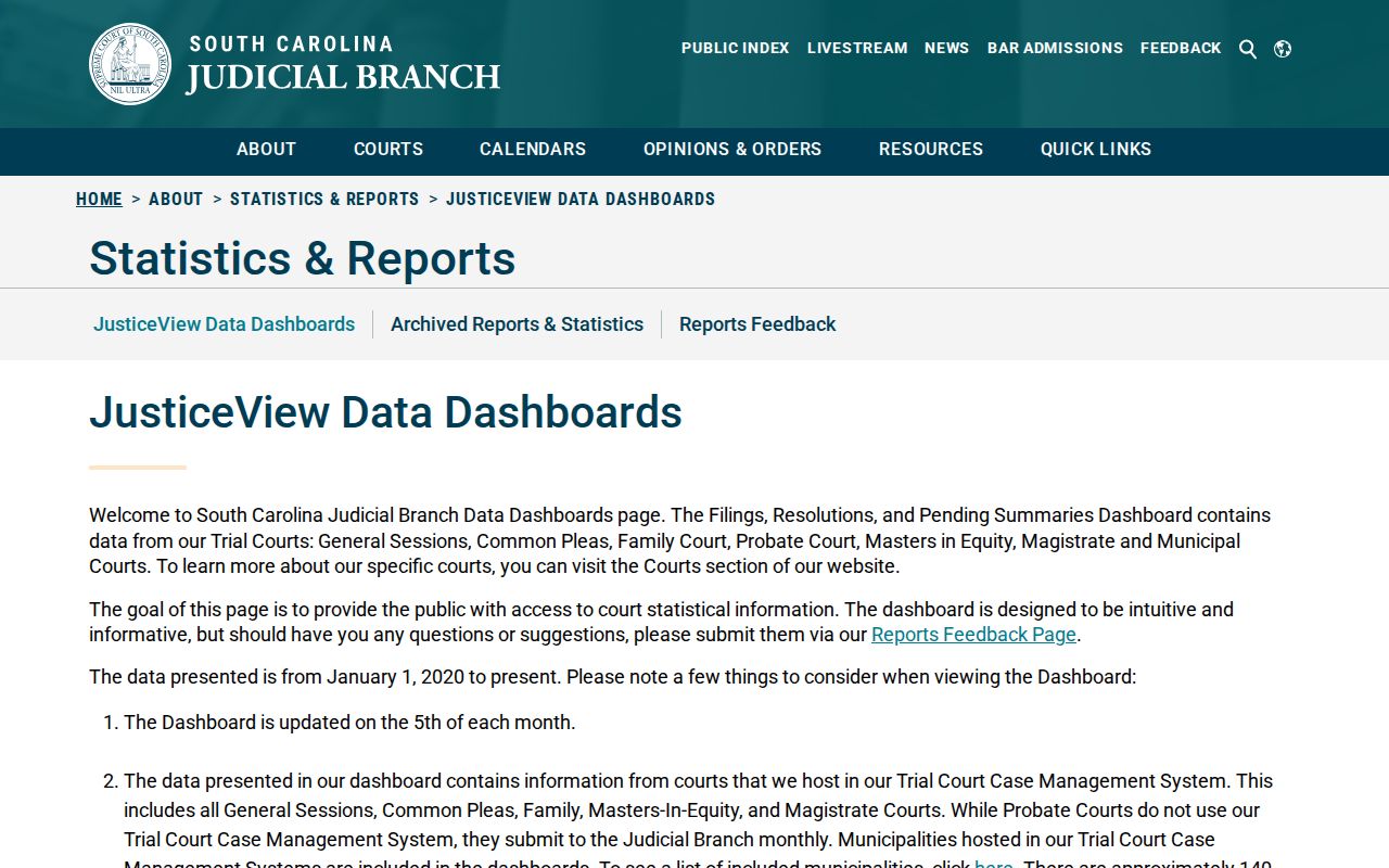 South Carolina JusticeView court statistics page for Allendale County warrant context