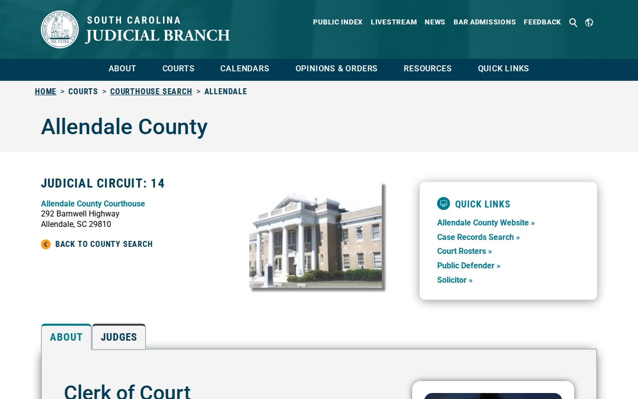 Allendale County courthouse contact page for local court and warrant routing