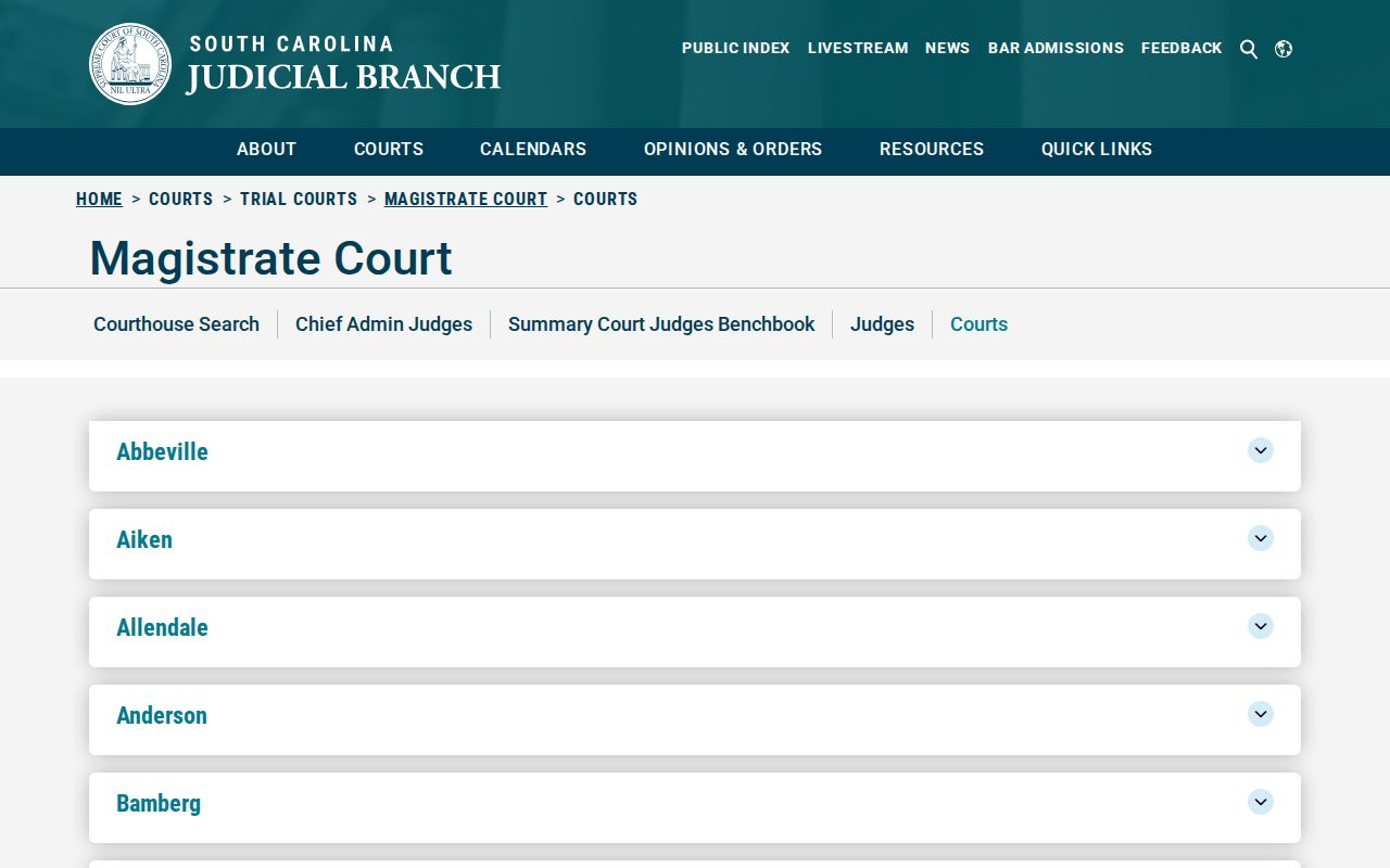 South Carolina Judicial Branch directory for Allendale County Magistrate and Bond Court