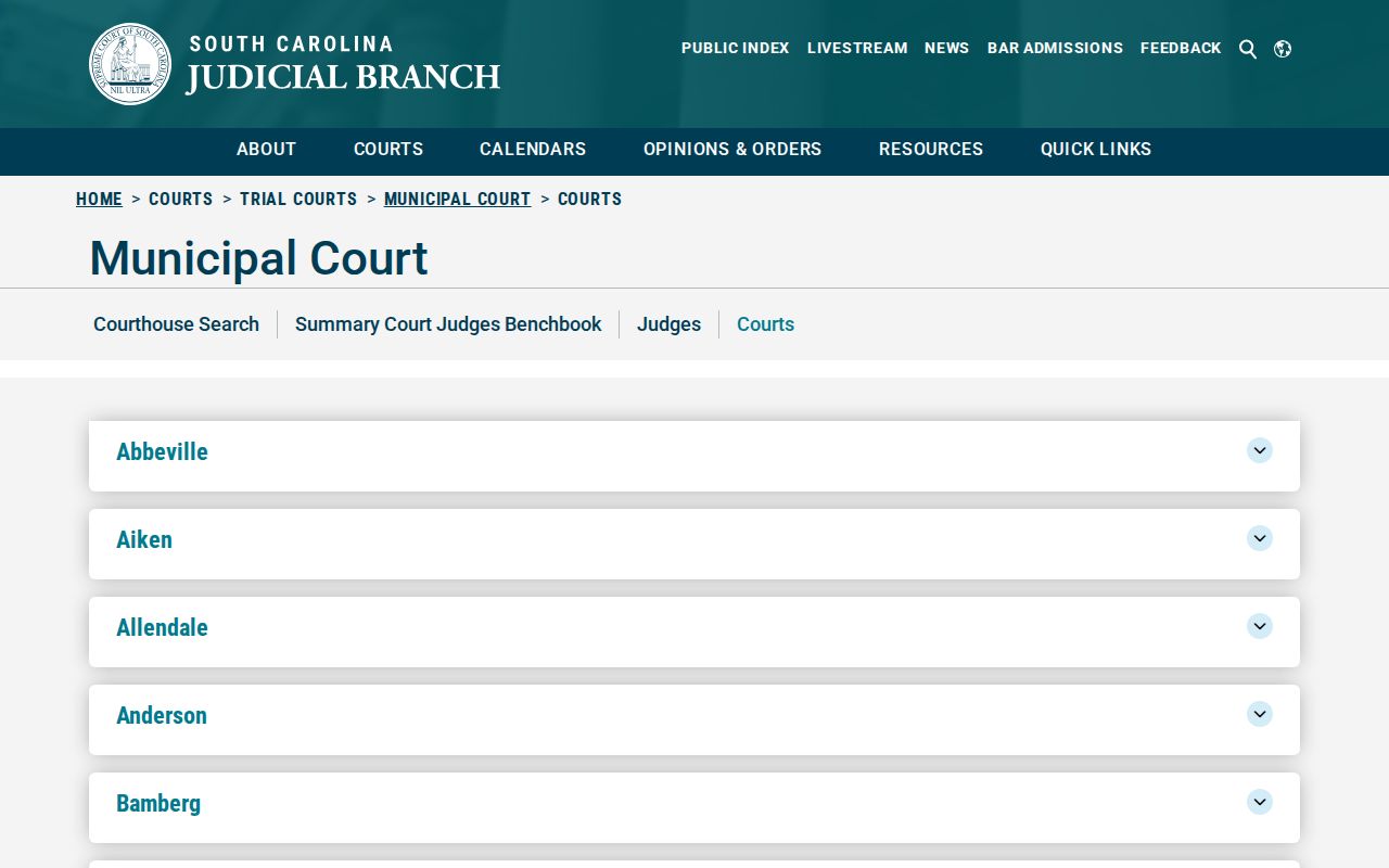 South Carolina municipal-court directory listing Allendale County municipal court routes