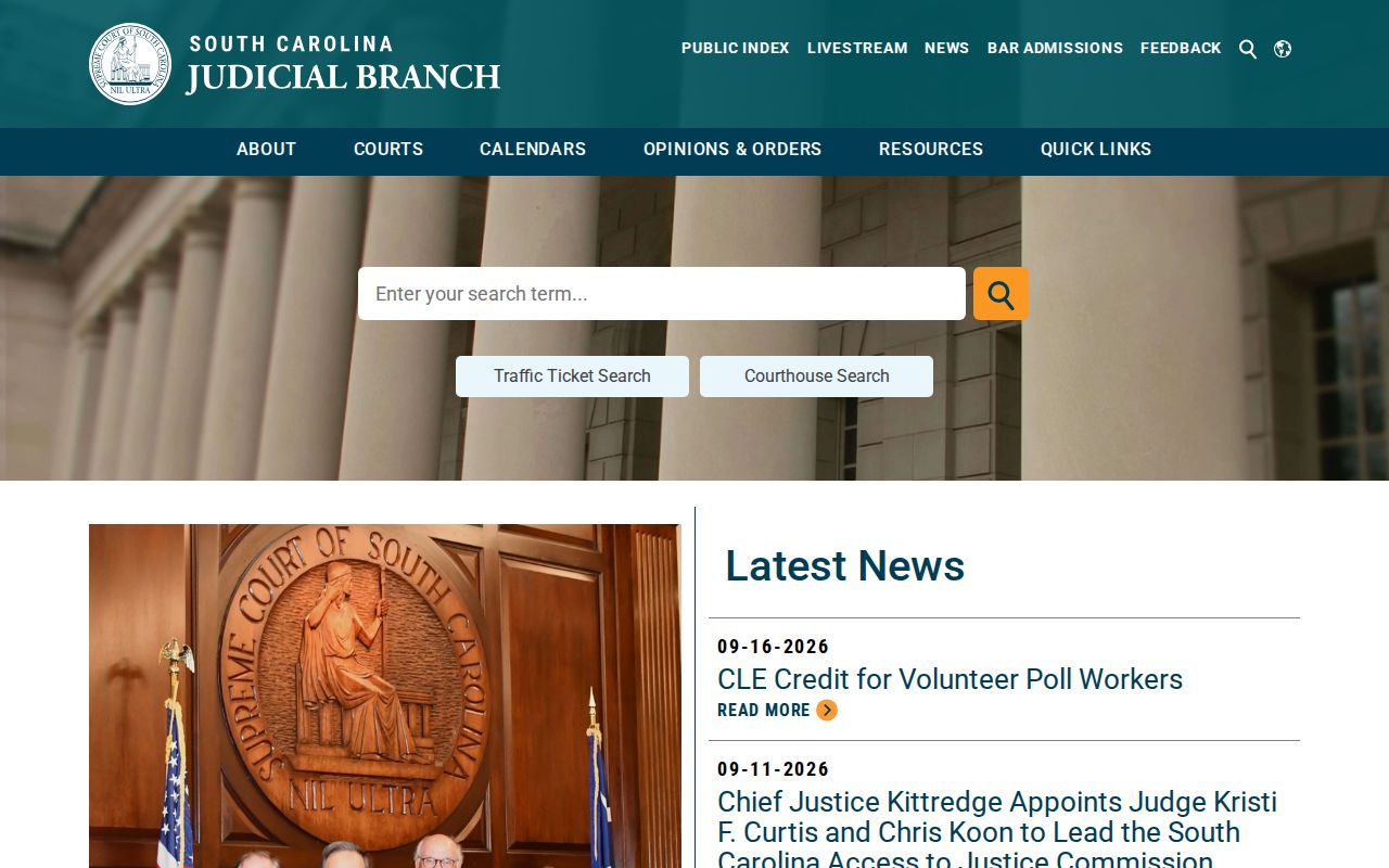 South Carolina Judicial Branch page with Allendale County warrant record access routes